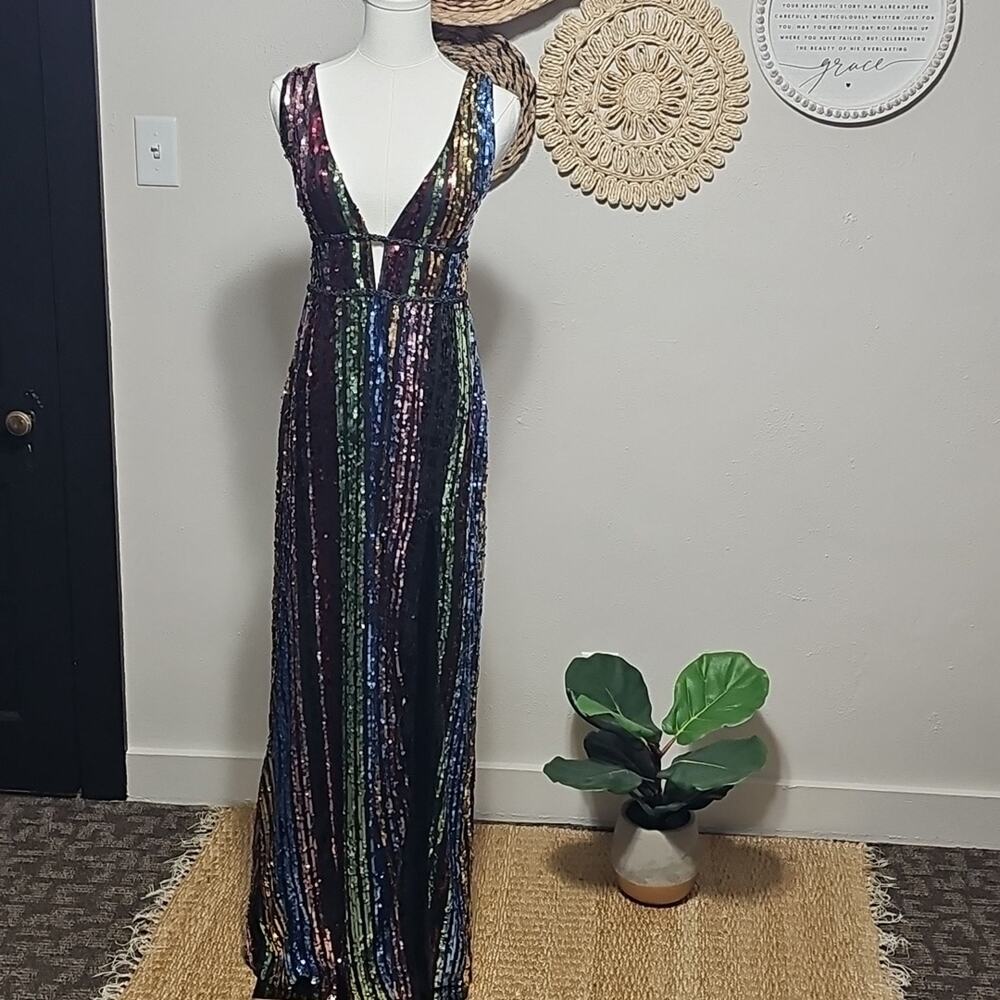 Lulu's Rainbow Sequins on Black Column Pageant Prom Dress Womens 10 NWT Holiday